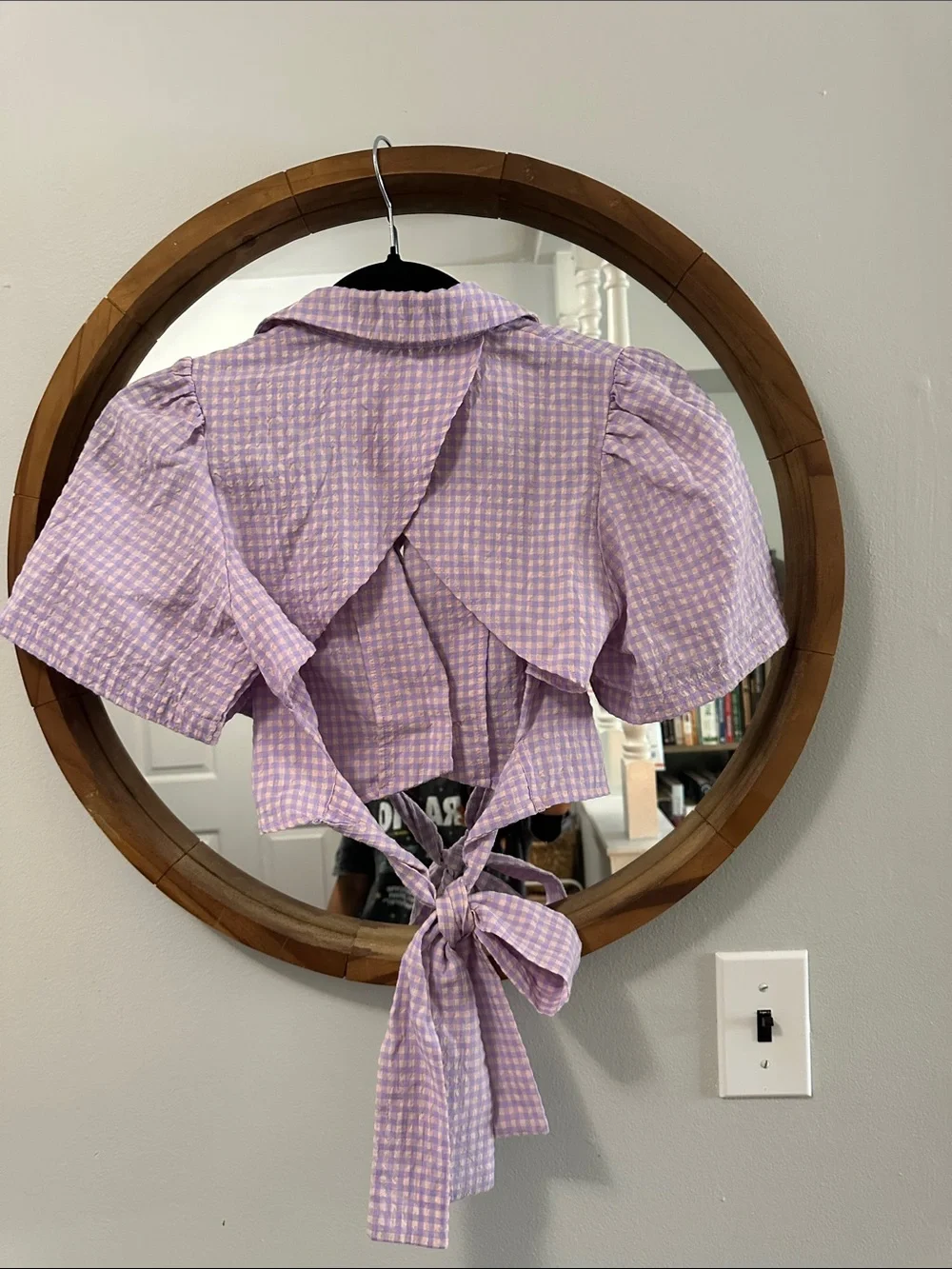 Zara Lavender Gingham Tie-Back Crop Blouse,m